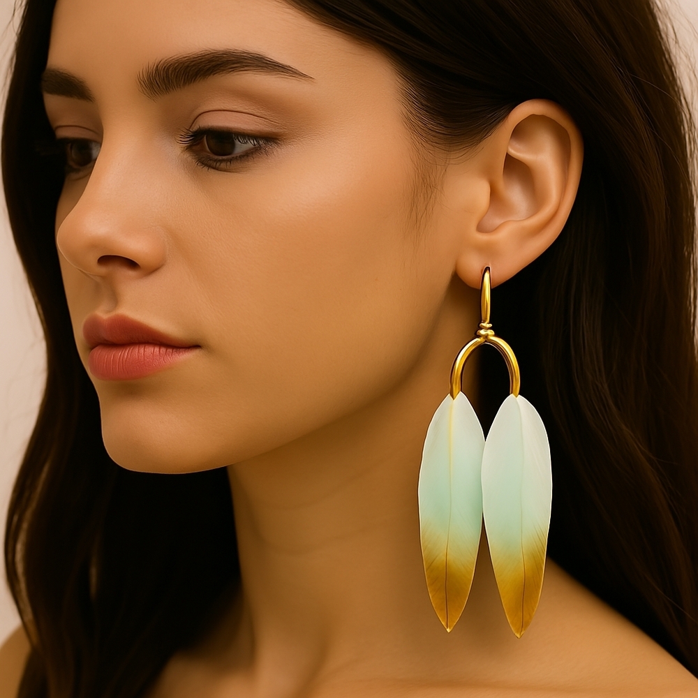Gold Boho Colorful Feather Drop Earrings –  5" Lightweight & Stylish Jewelry